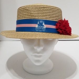 Women's Tan Boater Hat with Pink and Blue Accents